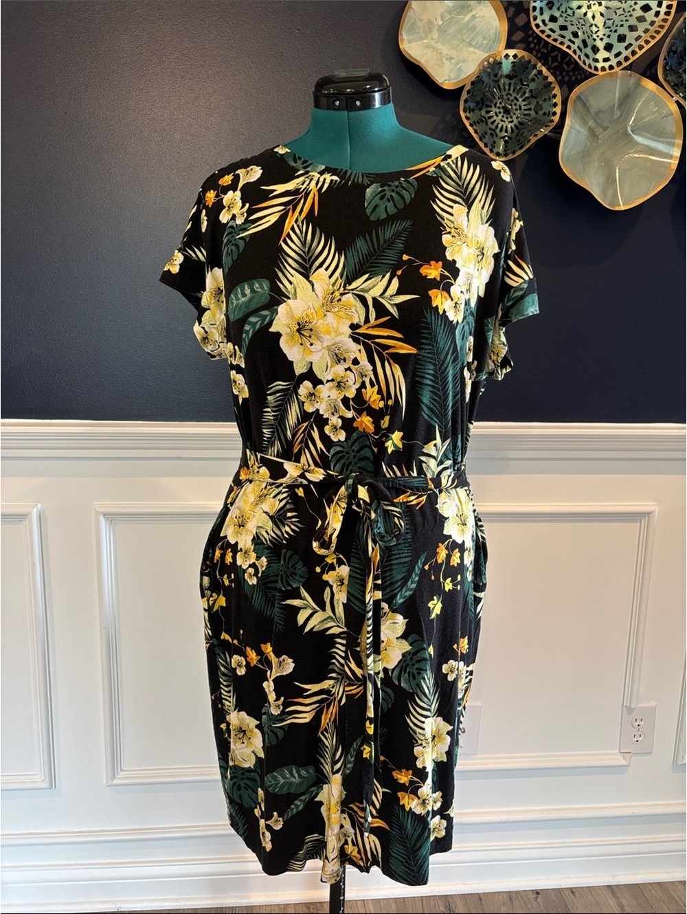 Black Floral Tie-Waist Midi Dress with Yellow Bloom Print